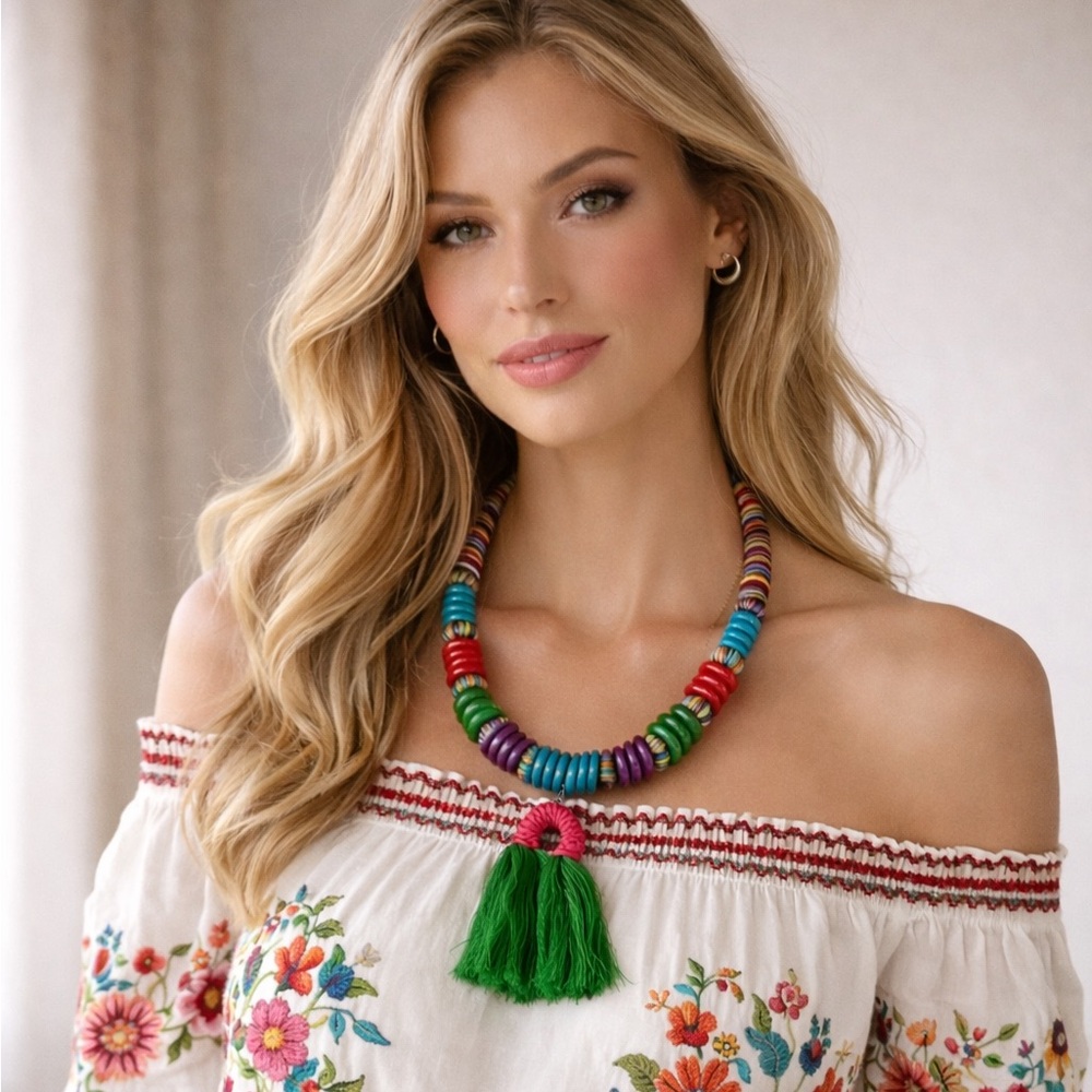 Handcrafted Multicolor Beaded Tassel Necklace – Artisan Boho Statement